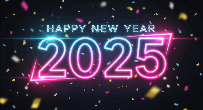 Radiant neon lights celebrating the arrival of a hopeful and bright new year 2025