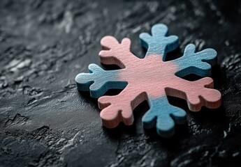 Pink and blue snowflake on dark textured surface
