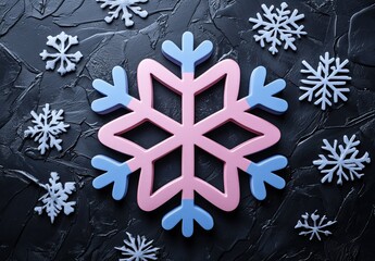 Pink and blue snowflake on dark textured background