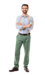 Fototapeta premium Male tailor with scissors on white background