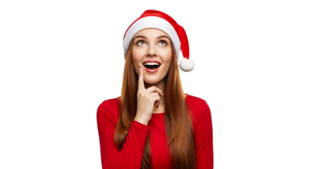 Young woman wearing a festive red santa hat and red top with a thoughtful expression and finger on her chin isolated on transparent background
