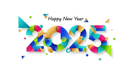 Vibrant and geometric 'Happy New Year 2025' illustration with a festive and modern design