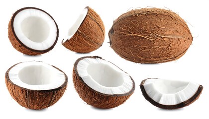 Close-up view of multiple coconuts, whole and sliced