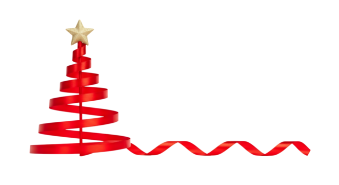 Festive red ribbon elegantly shaped into a christmas tree with a star topper isolated on transparent background