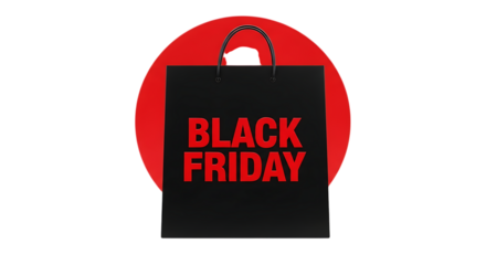 Bold graphic representation of a black shopping bag with the words black friday emblazoned in red isolated on transparent background