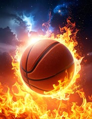 Fototapeta premium Basketball engulfed in flames against night sky