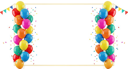 Festive celebration frame created with colorful helium balloons and falling confetti isolated on transparent background
