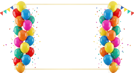 Festive celebration frame created with colorful helium balloons and falling confetti isolated on transparent background