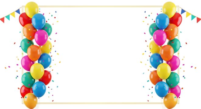 Festive celebration frame created with colorful helium balloons and falling confetti isolated on transparent background