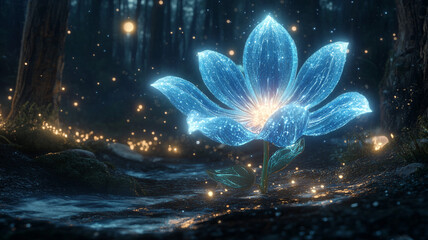 Mutant Moonflower Blooming at Midnight A glowing blue flower with crystalline petals that emit soft light, surrounded by floating particles in a dark, enchanted forest.