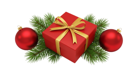 Festive red christmas gift box tied with golden ribbon surrounded by evergreen pine branches and two shiny red ornaments isolated on transparent background