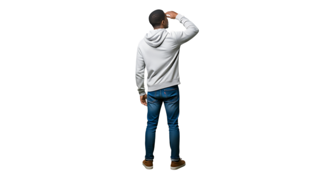 Young man wearing a hooded sweatshirt and distressed denim jeans standing with his hand on his head isolated on transparent background - Powered by Adobe