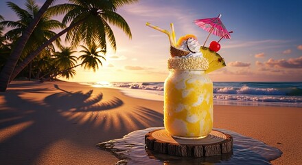 Tropical pineapple milkshake with coconut, cherry and umbrella on beach at sunset.