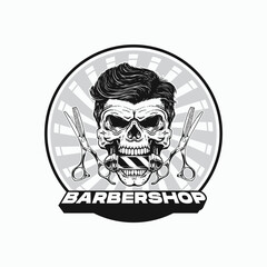 Edgy skull logo with barber pole, scissors, and bold barbershop text embodies modern grooming with a vintage, rebellious flair for branding.