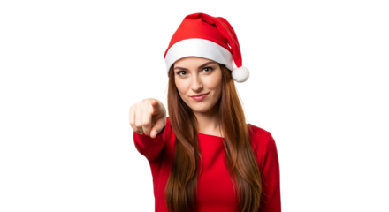 Festive young woman wearing a red santa hat and sweater pointing directly at the viewer with a playful expression isolated on transparent background