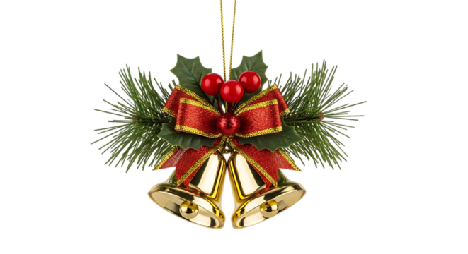 Festive golden bells adorned with a vibrant red ribbon and lush green holly sprigs creating a beautiful holiday decoration isolated on transparent background