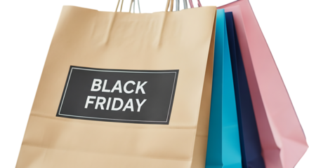 A collection of shopping bags with the words black friday printed on a label isolated on transparent background