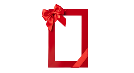 A festive red ribbon tied in a bow adorns the top corner of a rectangular frame isolated on transparent background