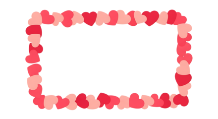 Decorative square frame crafted from numerous small heart shapes in varying shades of pink and red creating a festive border isolated on transparent background