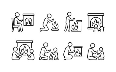 Set of black line icons showing people sitting and warming near fire and fireplace. Outline illustrations of adults and children by indoor and outdoor fire flames.