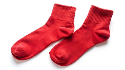 Pair of bright red knitted socks isolated on white background
