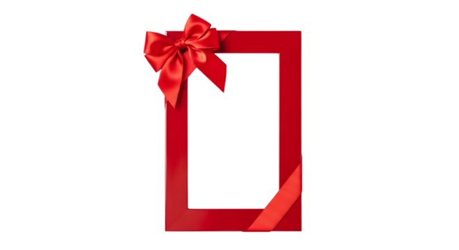 A festive red ribbon tied in a bow adorns the top corner of a rectangular frame isolated on transparent background