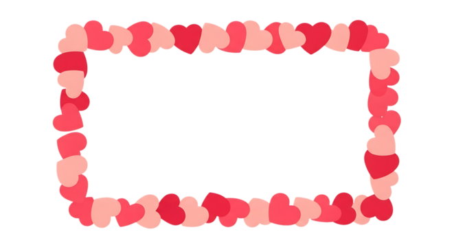 Decorative square frame crafted from numerous small heart shapes in varying shades of pink and red creating a festive border isolated on transparent background