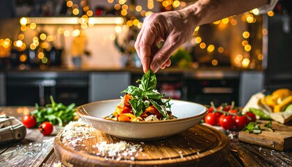 A chef's hand placing basil over pasta dish