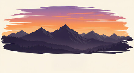 Mountain Landscape Silhouette at Sunset with Orange and Purple Sky