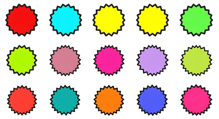 Collection of vibrant starburst shapes displayed in rows against a neutral backdrop isolated on transparent background
