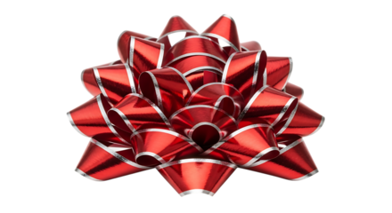 Festive shiny red metallic ribbon gift bow with silver trim for holiday wrapping and celebration decorations isolated on transparent background