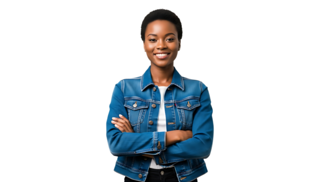 Smiling young african american woman with arms crossed wearing a denim jacket and white t shirt isolated on transparent background - Powered by Adobe
