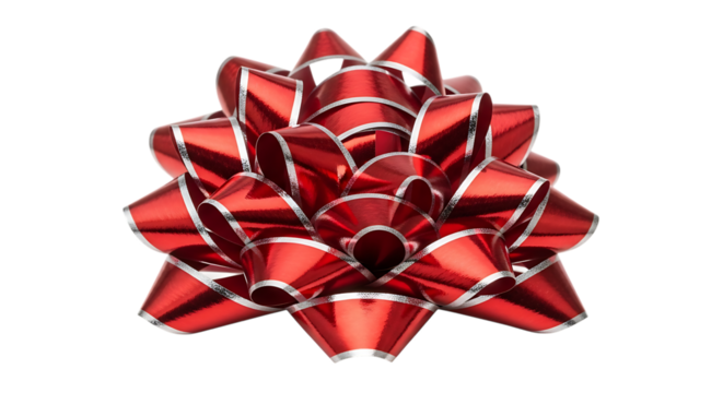 Festive shiny red metallic ribbon gift bow with silver trim for holiday wrapping and celebration decorations isolated on transparent background