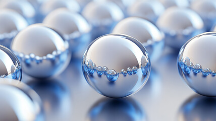 Nano-coated metallic spheres arranged in a perfect grid, shifting colors from silver to deep blue, ultra-precise reflections.