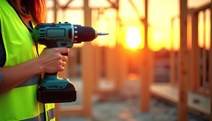 Empowered Construction Woman's Hand Holding Safety Vest & Cordless Drill in Cinematic Golden Hour Light