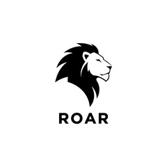 A stylized black and white illustration of a lion's head in profile, with the word 