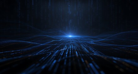 Futuristic Digital Data Stream Highway on Dark Background with Glowing Blue Light and Abstract Wave Patterns, Representing Technology and Connectivity