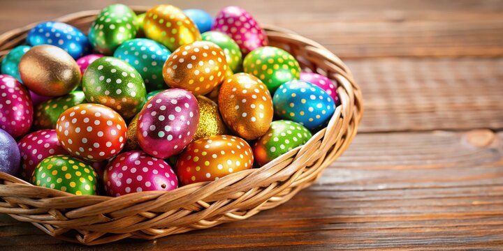 Colorful polka dot Easter eggs filled with chocolate candy in a basket - Powered by Adobe