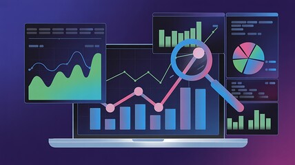 Modern laptop displaying business charts and graphs with magnifying glass representing data analysis and research