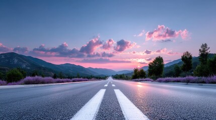 Fototapeta premium Sunset on Empty Asphalt Highway with Golden Light Reflection, Pink Clouds, Mountain Backdrop and Purple Flowers Along Roadside in Rural Landscape Scenery