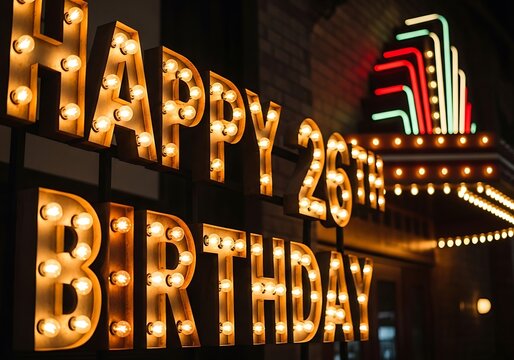 Illuminated Marquee Sign 'Happy 26th Birthday' in Front of a Vintage Theater at Night