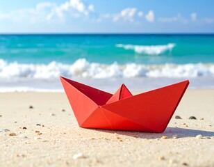 Paper Boat on a Sandy Shore by the Azure Ocean