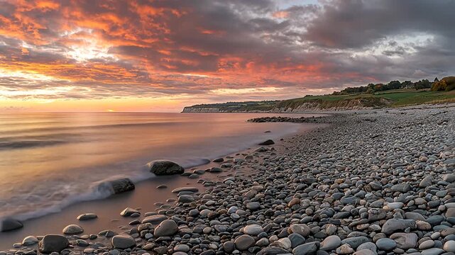 serene long exposure gentle waves over rocky pebble beach at sunset with vibrant colorful sky distant cliffs green hills for travel relaxation nature content peace tranquil beauty concept