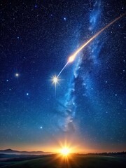 A shooting star streaks across a vast expanse of twinkling stars in a dark sky