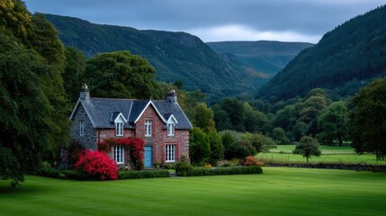 Obraz premium Idyllic Red Brick Farmhouse with Lush Green Lawn and Vibrant Red Roses Set Against a Backdrop of Rolling Green Hills and Cloudy Sky