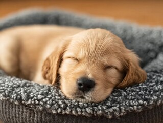 A serene golden retriever puppy peacefully sleeping in a cozy, textured pet bed on a warm wooden surface.