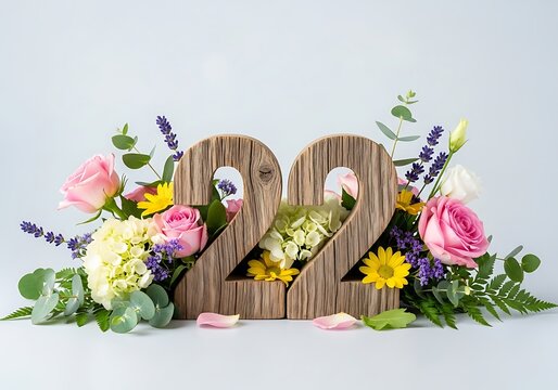 Elegant Wooden Number 22 with Pink Roses, Hydrangeas, and Eucalyptus for a Stylish 22nd Birthday or Anniversary