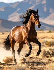 Obraz premium A brown horse galloping in a desert landscape