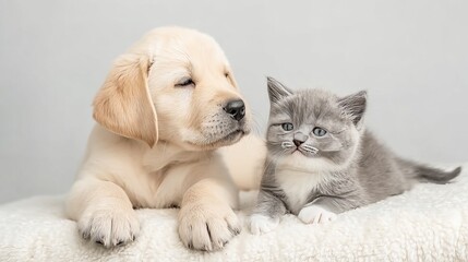 A serene moment featuring a light-colored puppy and a gray kitten resting together on a soft, textured surface against a neutral background.