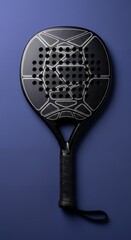 Black padel tennis racket with textured grip and detailed surface patterns against a solid blue background viewed from directly above Padel racket Black racket Sports equipment Tennis equipment